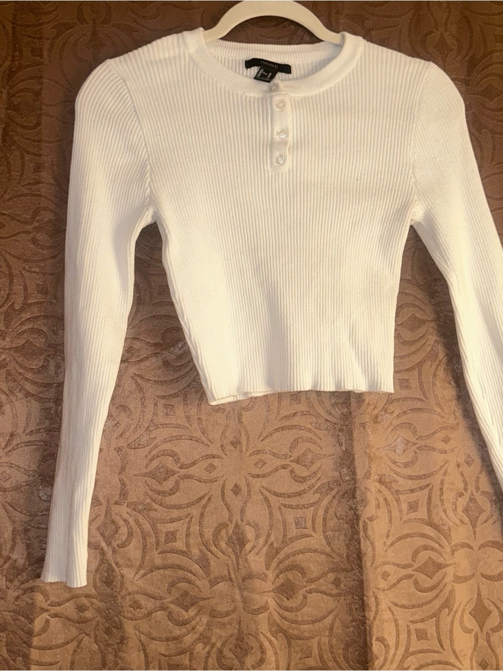 Forever 21 White Ribbed Henley Long-Sleeve Crop Top